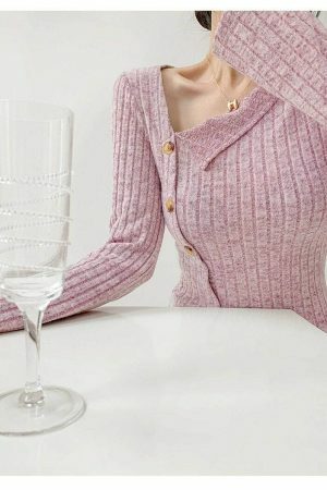 Lilac Ribbed Knitted Asymmetrical Neckline Top - Y2K Streetwear Aesthetic