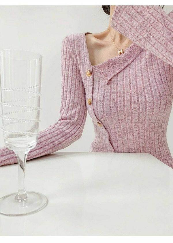 Lilac Ribbed Knitted Asymmetrical Neckline Top - Y2K Streetwear Aesthetic