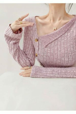 Lilac Ribbed Knitted Asymmetrical Neckline Top - Y2K Streetwear Aesthetic