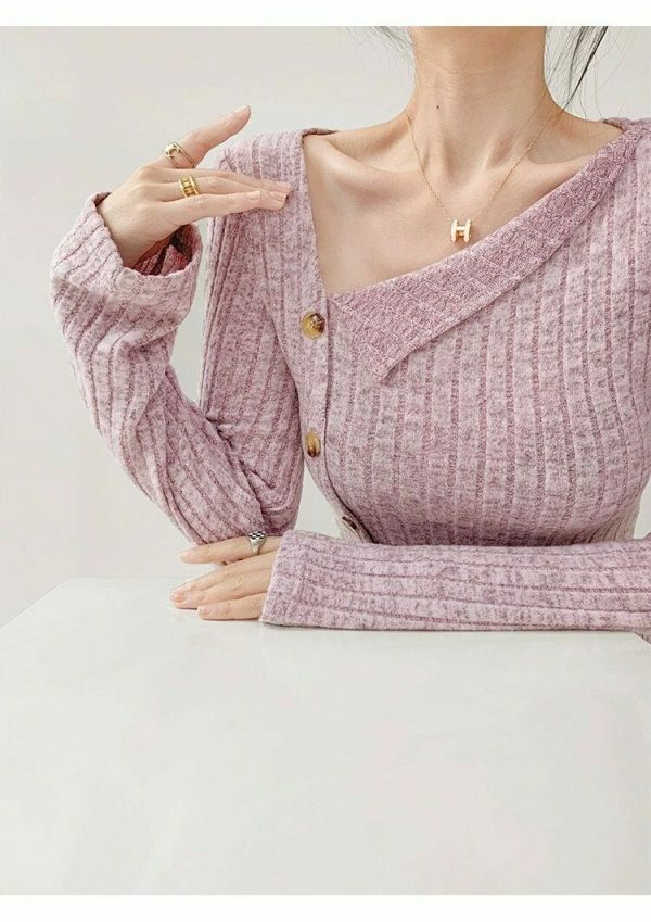 Lilac Ribbed Knitted Asymmetrical Neckline Top - Y2K Streetwear Aesthetic