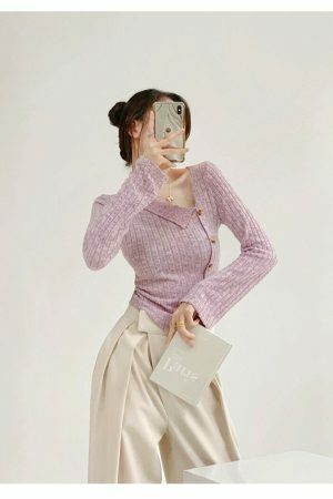 Lilac Ribbed Knitted Asymmetrical Neckline Top - Y2K Streetwear Aesthetic