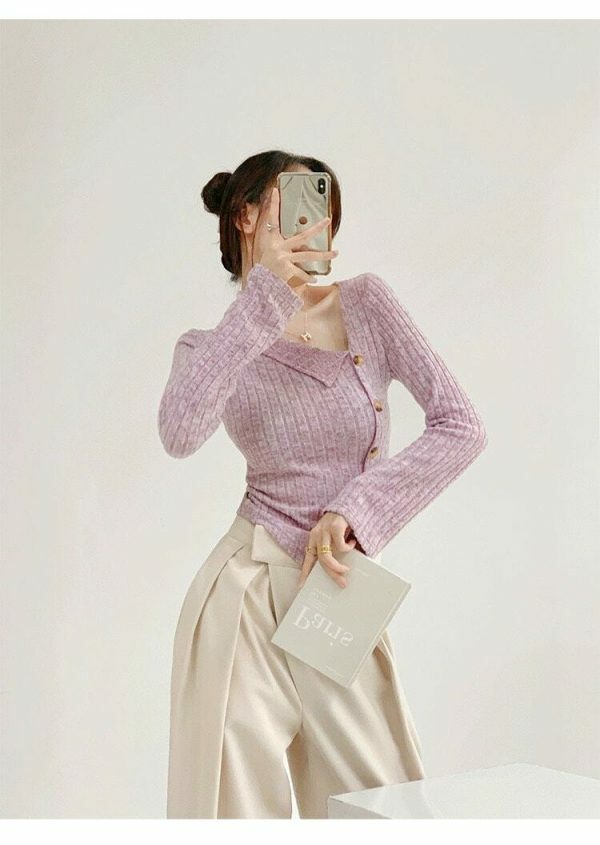 Lilac Ribbed Knitted Asymmetrical Neckline Top - Y2K Streetwear Aesthetic