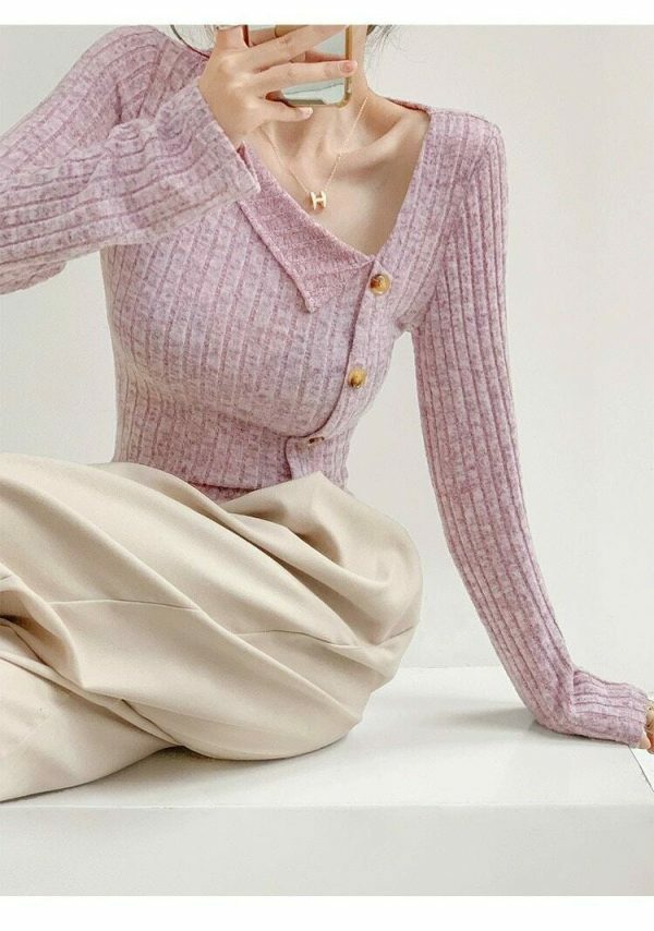 Lilac Ribbed Knitted Asymmetrical Neckline Top - Y2K Streetwear Aesthetic