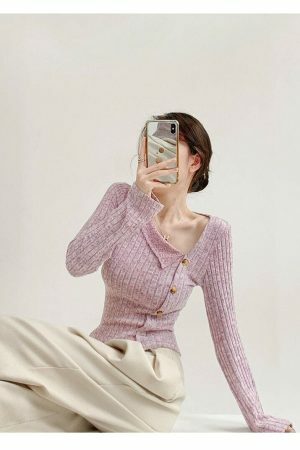 Lilac Ribbed Knitted Asymmetrical Neckline Top - Y2K Streetwear Aesthetic