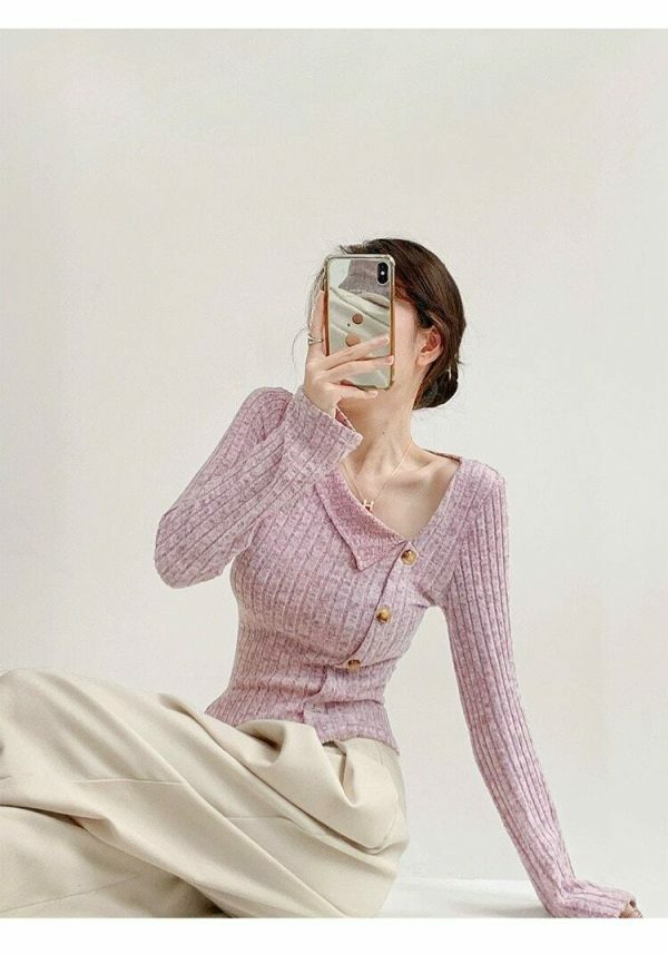 Lilac Ribbed Knitted Asymmetrical Neckline Top - Y2K Streetwear Aesthetic