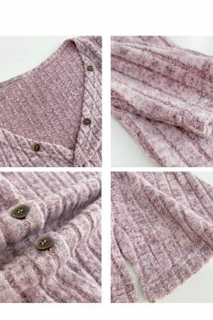 Lilac Ribbed Knitted V-Neck Top with Closed Button and Frills