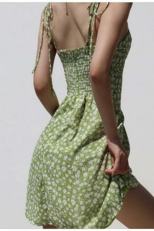 Lime Floral Mini Dress: Chiffon Tie Strap Sundress Y2K Streetwear Aesthetic