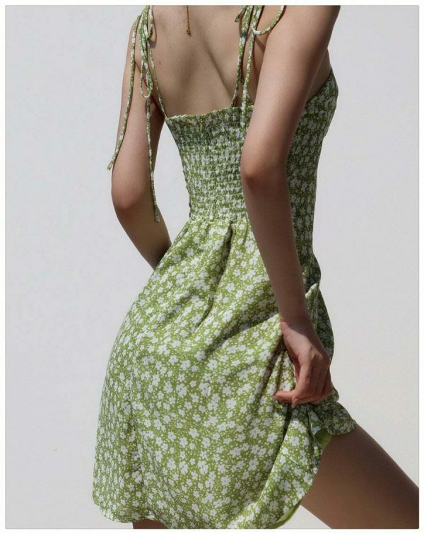 Lime Floral Mini Dress: Chiffon Tie Strap Sundress Y2K Streetwear Aesthetic