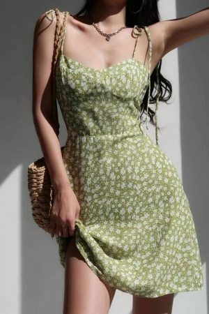 Lime Floral Mini Dress: Chiffon Tie Strap Sundress Y2K Streetwear Aesthetic