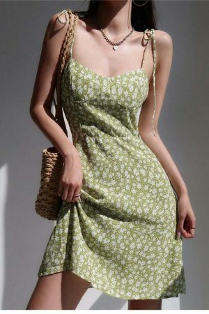 Lime Floral Mini Dress: Chiffon Tie Strap Sundress Y2K Streetwear Aesthetic