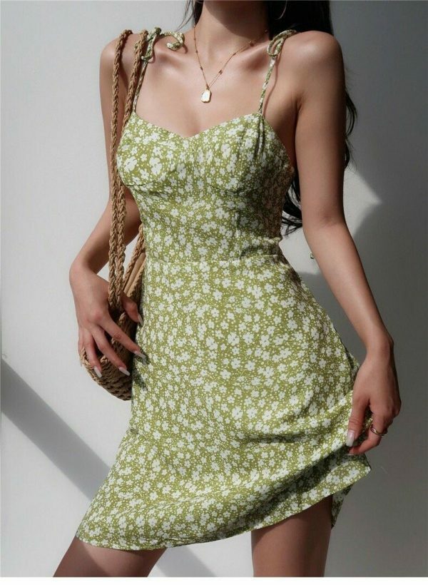 Lime Floral Mini Dress: Chiffon Tie Strap Sundress Y2K Streetwear Aesthetic