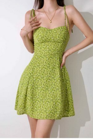 Lime Floral Y2K Mini Strap Dress - Streetwear with Parisian Flair