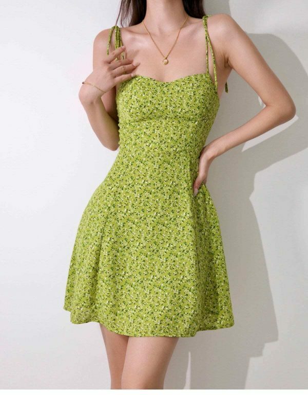 Lime Floral Y2K Mini Strap Dress - Streetwear with Parisian Flair