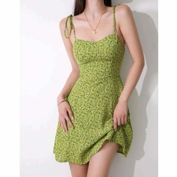 Lime Floral Y2K Mini Strap Dress - Streetwear with Parisian Flair