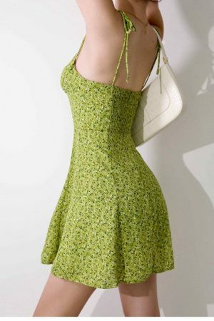 Lime Floral Y2K Mini Strap Dress - Streetwear with Parisian Flair