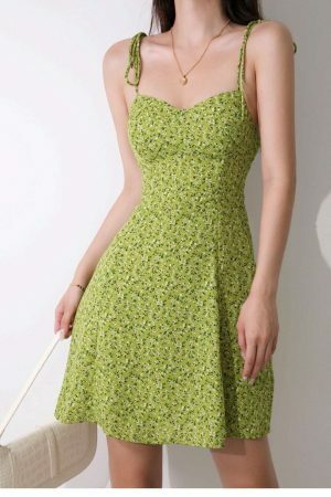 Lime Floral Y2K Mini Strap Dress - Streetwear with Parisian Flair