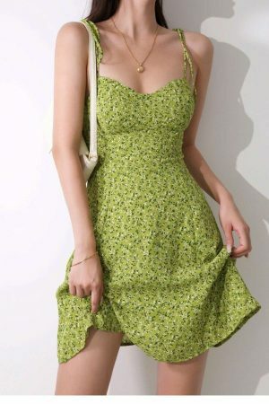 Lime Floral Y2K Mini Strap Dress - Streetwear with Parisian Flair