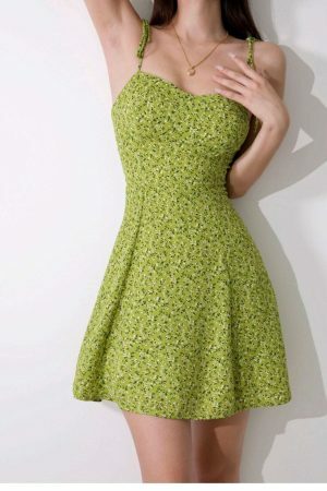 Lime Floral Y2K Mini Strap Dress - Streetwear with Parisian Flair