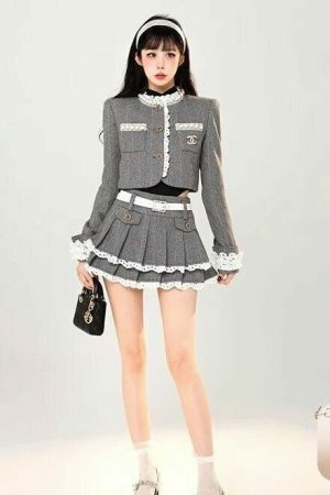 Luxury Lace-Lined Jacket and Pleated Skirt Coord Set - Y2K Streetwear Fashion