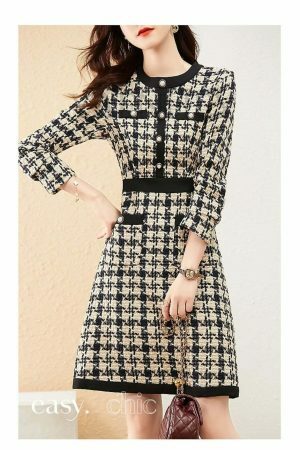 Luxury Y2K Tweed Mini Dress with Gold Button - Streetwear Fashion