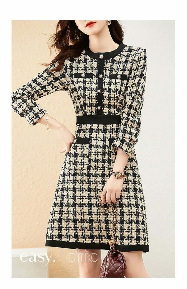 Luxury Y2K Tweed Mini Dress with Gold Button - Streetwear Fashion