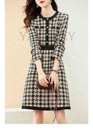 Luxury Y2K Tweed Mini Dress with Gold Button - Streetwear Fashion