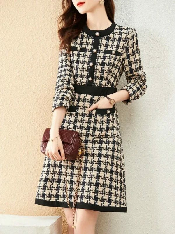 Luxury Y2K Tweed Mini Dress with Gold Button - Streetwear Fashion