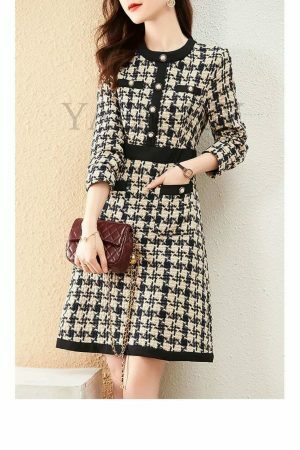 Luxury Y2K Tweed Mini Dress with Gold Button - Streetwear Fashion