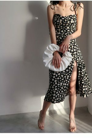 Monochrome Floral Midi Dress with Y2K, Korean, French Retro Vibes