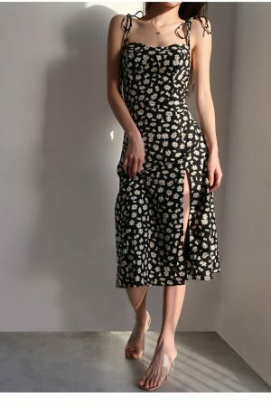 Monochrome Floral Midi Dress with Y2K, Korean, French Retro Vibes