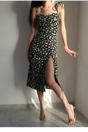 Monochrome Floral Midi Dress with Y2K, Korean, French Retro Vibes