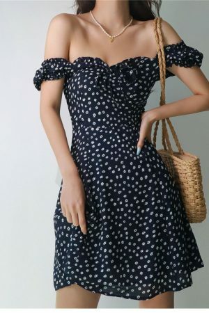 Navy and White Floral Milkmaid Mini Dress - Y2K Streetwear Aesthetic