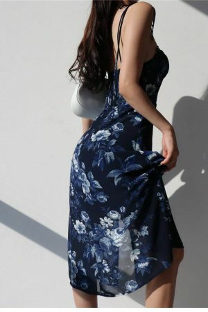 Navy Blue Floral Midi Dress Y2K Streetwear Aesthetic