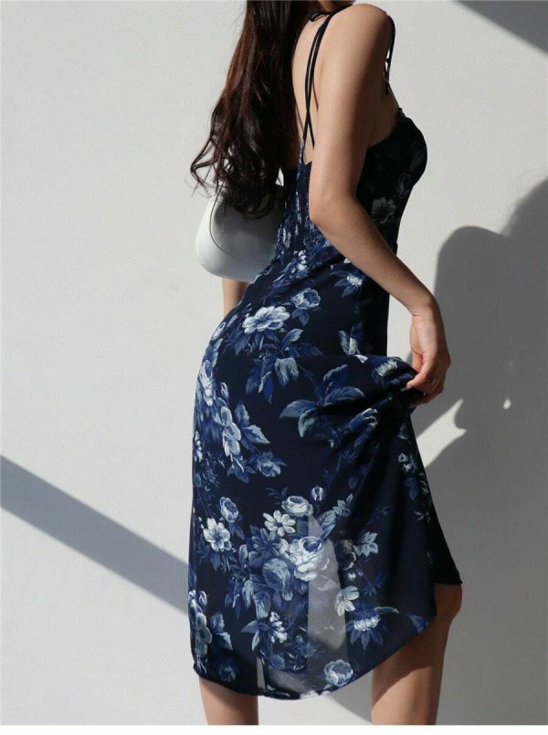 Navy Blue Floral Midi Dress Y2K Streetwear Aesthetic