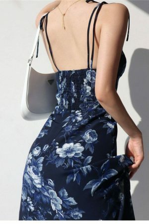 Navy Blue Floral Midi Dress Y2K Streetwear Aesthetic