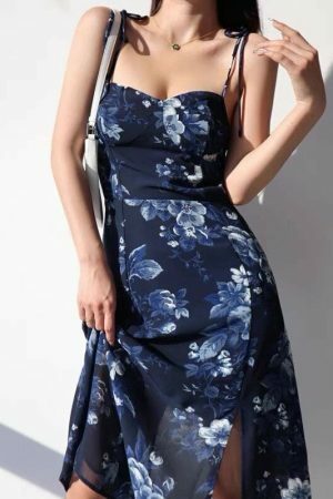 Navy Blue Floral Midi Dress Y2K Streetwear Aesthetic