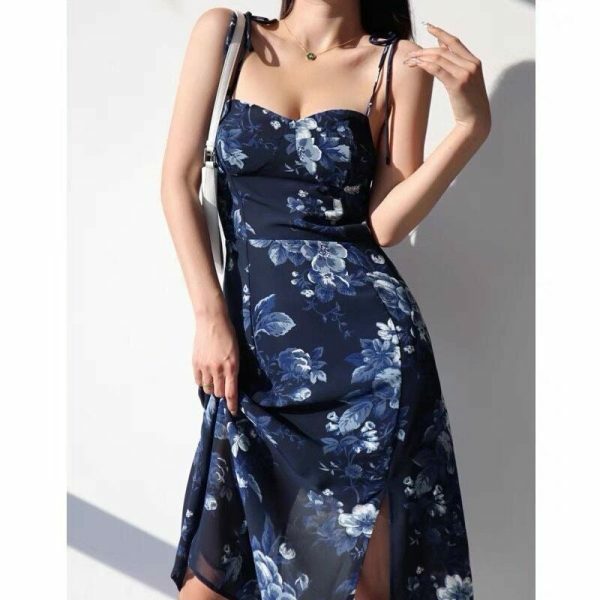 Navy Blue Floral Midi Dress Y2K Streetwear Aesthetic