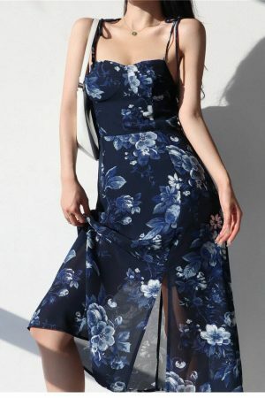 Navy Blue Floral Midi Dress Y2K Streetwear Aesthetic