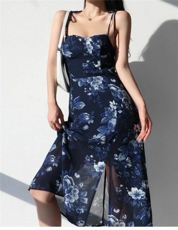 Navy Blue Floral Midi Dress Y2K Streetwear Aesthetic