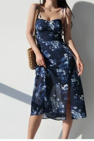 Navy Blue Floral Midi Dress Y2K Streetwear Aesthetic