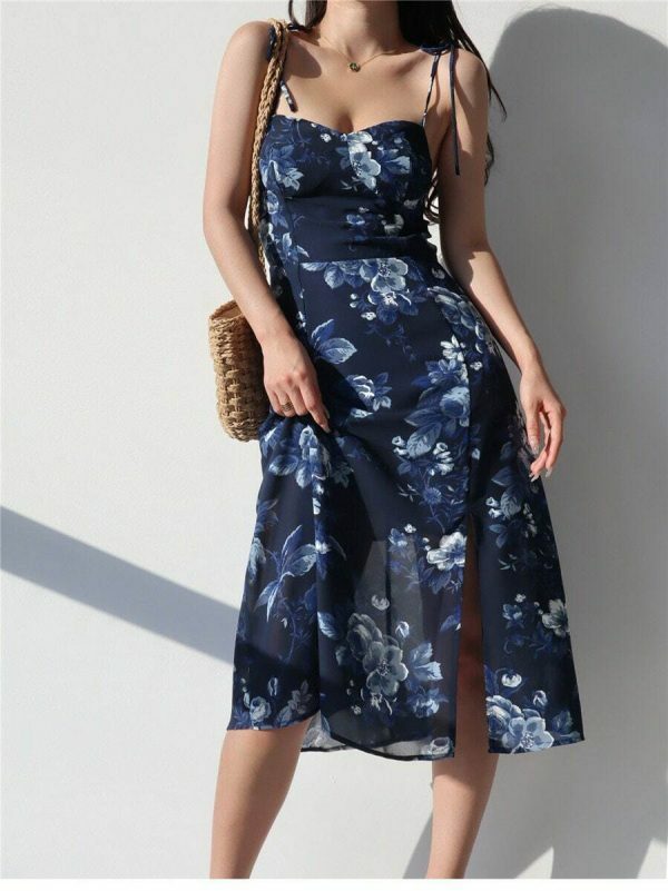 Navy Blue Floral Midi Dress Y2K Streetwear Aesthetic