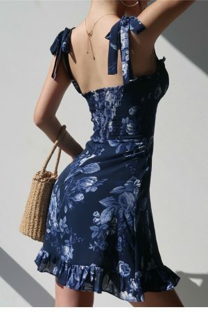 Navy Blue Floral Mini Strap Dress Y2K Streetwear Aesthetic