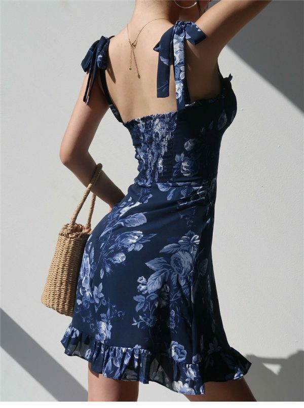 Navy Blue Floral Mini Strap Dress Y2K Streetwear Aesthetic