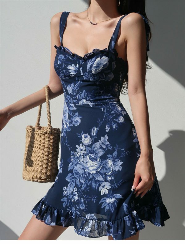 Navy Blue Floral Mini Strap Dress Y2K Streetwear Aesthetic