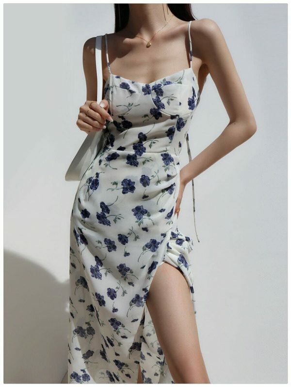 Navy Floral Midi Dress - Y2K Streetwear Aesthetic