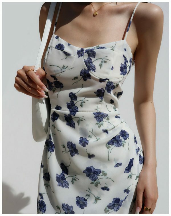 Navy Floral Midi Dress - Y2K Streetwear Aesthetic