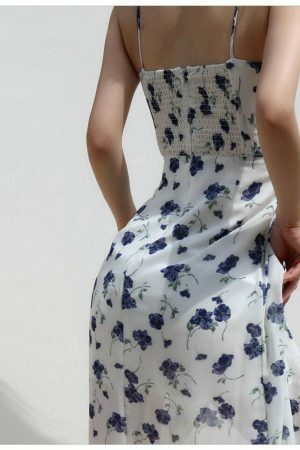 Navy Floral Midi Dress - Y2K Streetwear Aesthetic