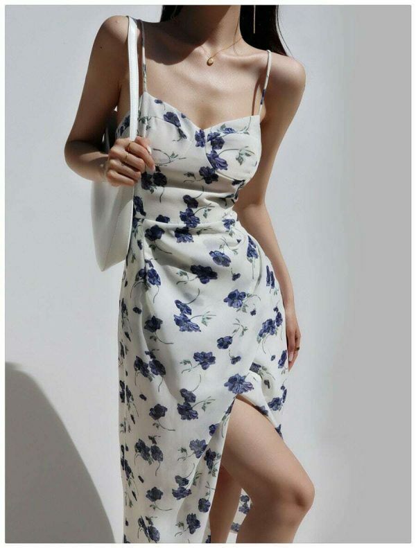 Navy Floral Midi Dress - Y2K Streetwear Aesthetic