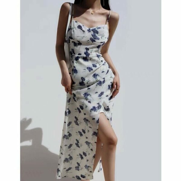 Navy Floral Midi Dress - Y2K Streetwear Aesthetic