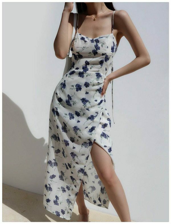 Navy Floral Midi Dress - Y2K Streetwear Aesthetic